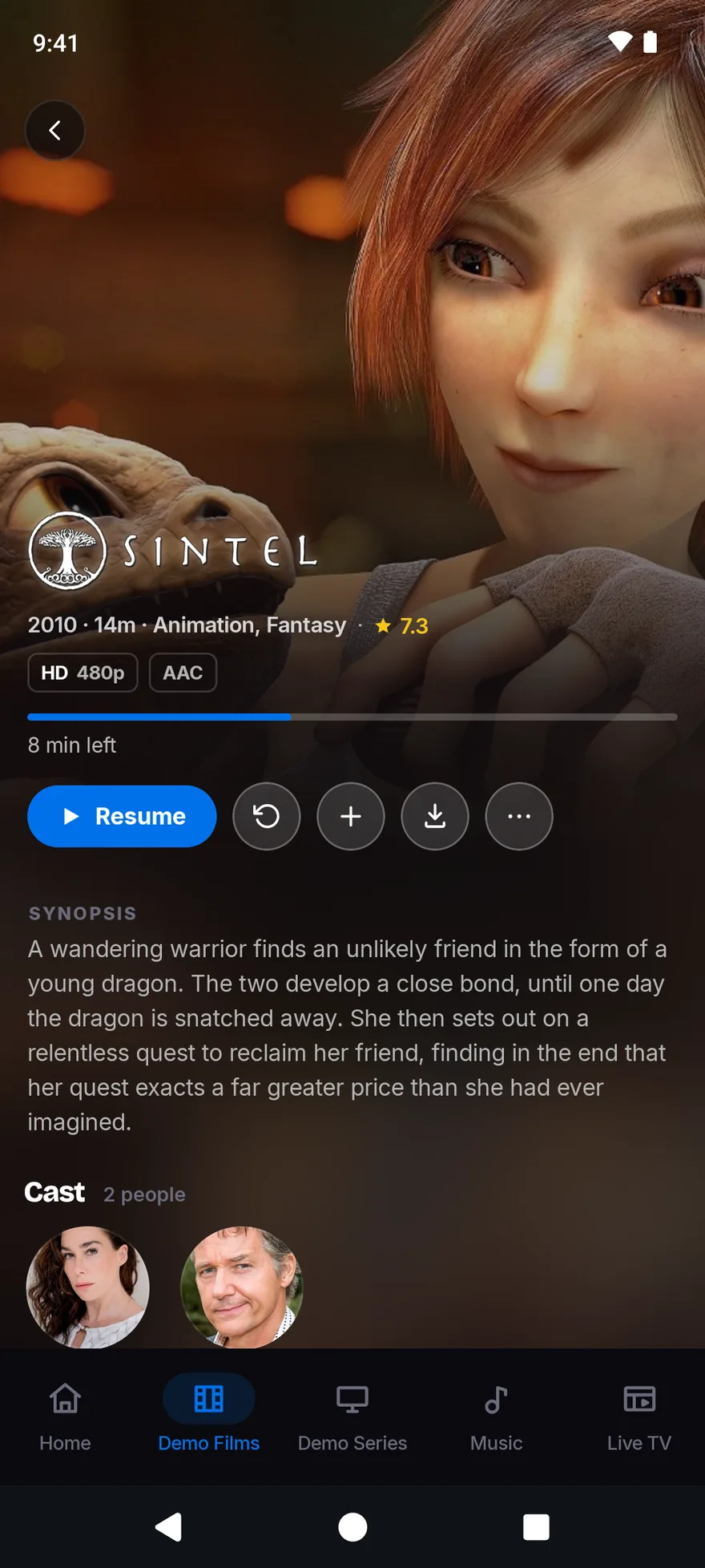 The Sintel page: its logo over the backdrop, a Resume button beside Play from start, Watchlist and Download, then the synopsis and the cast.