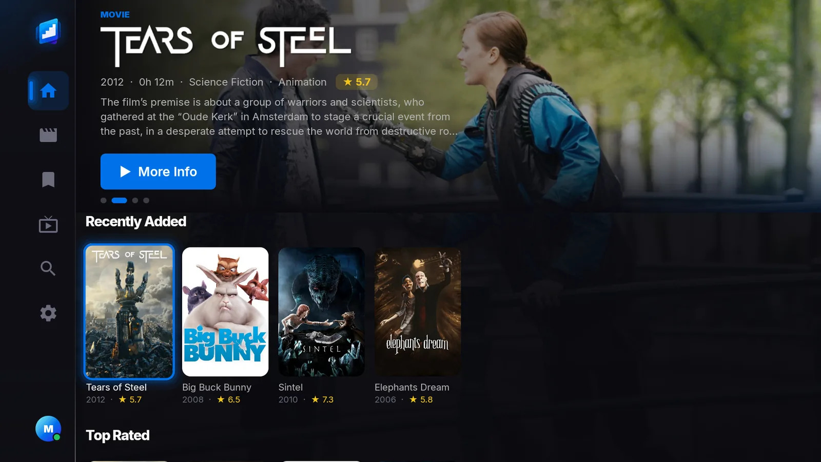 The UNDERSTAIRS TV home screen on a television: a large featured film with its logo and synopsis, a navigation rail down the left, and a row of artwork below.