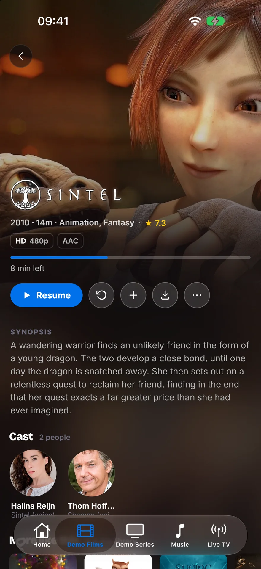 The Sintel page: its logo over the backdrop, a Resume button beside Play from start, Watchlist and Download, then the synopsis and the cast.