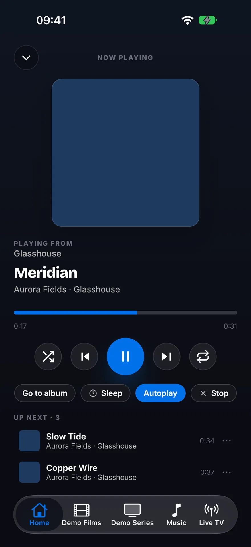 The Now Playing screen with the track Meridian, a progress bar, transport buttons, a sleep timer and an Up Next list.