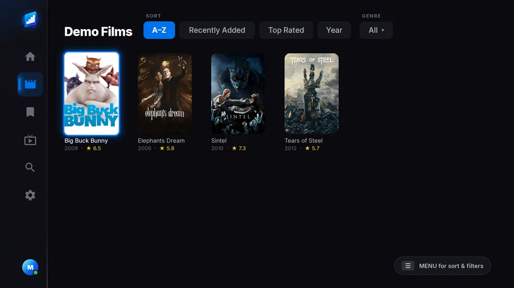 Library grid of film posters with sort options for A to Z, recently added, top rated and year, plus a genre filter.
