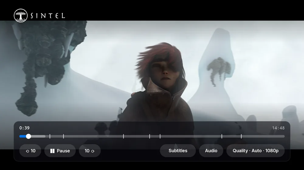 Video player with a progress bar, skip back and forward controls, pause, and buttons for subtitles, audio track and quality.